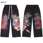 Vintage Eagle‑Print Wide‑Leg Sweatpants, Black Washed Unisex Hip‑Hop Streetwear Trousers