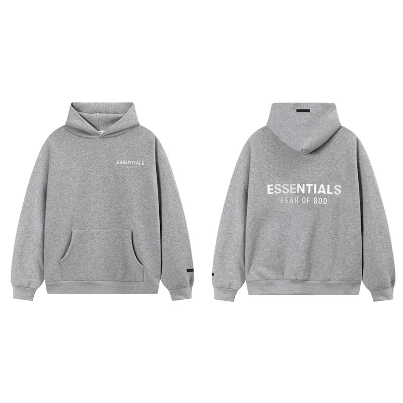 Fog Essentials Heather Gray Fleece‑Lined Oversized Pullover Hoodie White Chest Logo
