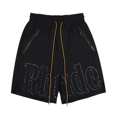 Rhude Large Black Glitch‑Effect Logo Print Drawstring Black Streetwear Shorts