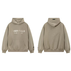 Fog Essentials Taupe Khaki Fleece‑Lined Oversized Pullover Hoodie Chest Logo