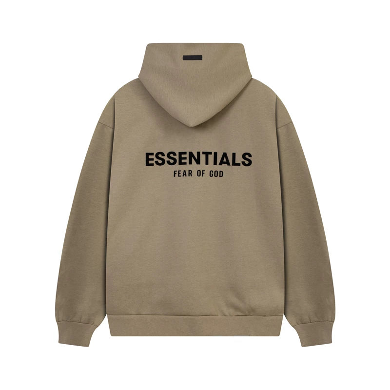 Fog Essentials Bold Black‑Print Khaki Oversized Cropped‑Hem Hooded Sweatshirt
