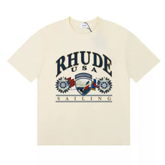 Rhude USA Sailing Crest Graphic Cream Short Sleeve T‑Shirt