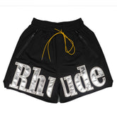 Rhude Large Silver Logo Applique Mesh Streetwear Drawstring Black Shorts