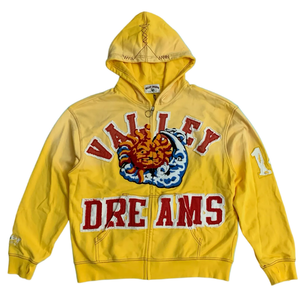 Valley Dreams Sun‑Moon Graphic Zip‑Up Hoodie, Unisex Yellow Vintage Streetwear Jacket