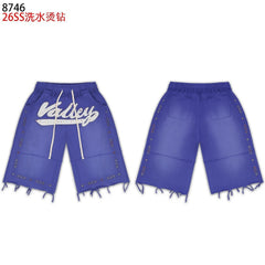 VALEFOREVER Blue Washed Rhinestone Shorts with Script Logo & Fringe Hem