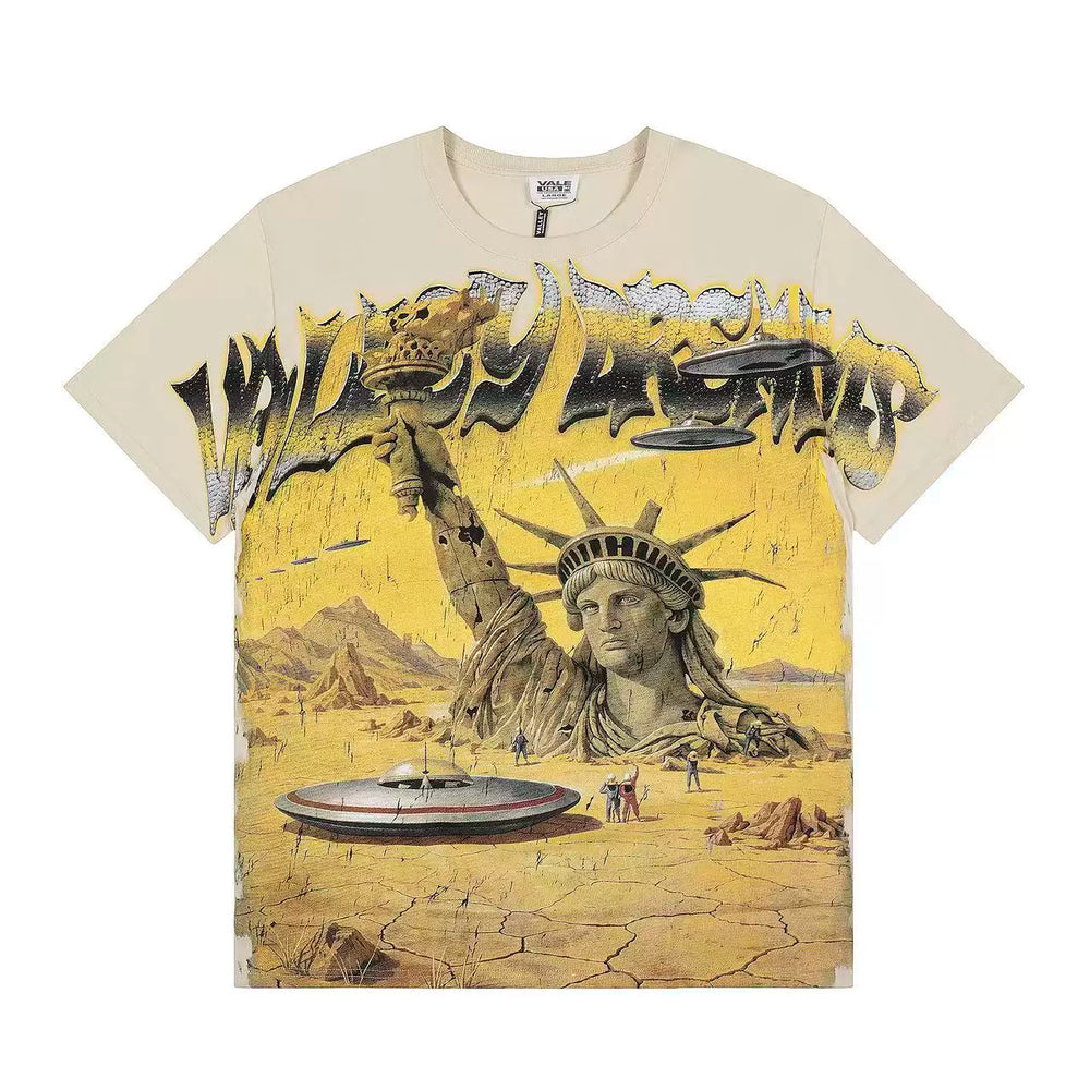 VALEFOREVER Cream Desert Statue of Liberty UFO Retro Graphic Short Sleeve T-Shirt