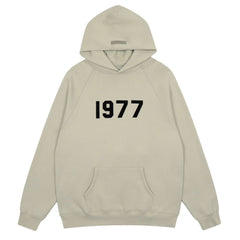 Fog Essentials Light Beige 1977 Bold Black‑Print Loose‑Fit Pullover Hoodie