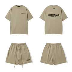Fog Essentials Khaki Oversized T‑Shirt And Drawstring Shorts Hip‑Hop 2‑Piece Streetwear Suit