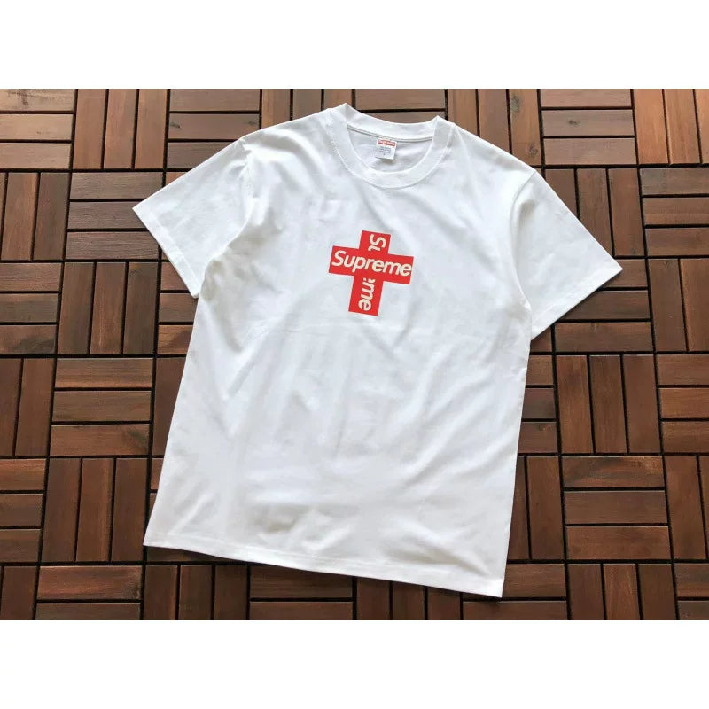 Supreme White Red Cross Logo Printed T‑Shirt Casual Street‑Wear Tee