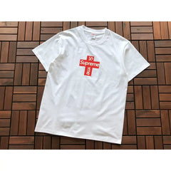 Supreme White Red Cross Logo Printed T‑Shirt Casual Street‑Wear Tee