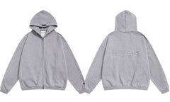 Fog Essentials Heather Grey Oversized Zip‑Up Hoodie, Embossed Back‑Logo Streetwear Jacket
