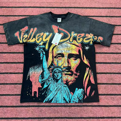 Valleydream Black Washed Portrait Statue Liberty Vintage T-Shirt