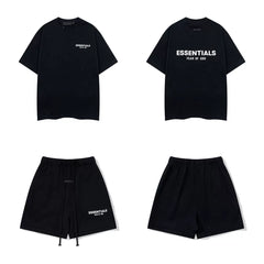 Fog Essentials Black Logo 2‑Piece Outfit Oversized T‑Shirt & Drawstring Sweat Shorts Street Co‑ord Set