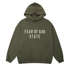 Fog Essentials Olive‑Green Oversized Hoodie White “FEAR OF GOD STATE” Chest Logo