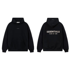 Fog Essentials Solid Black Fleece‑Lined Oversized Pullover Hoodie White Chest Logo