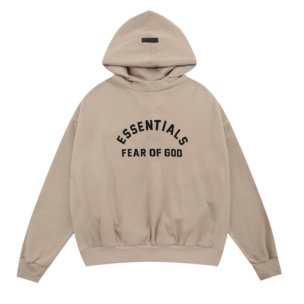 Fog Essentials Beige Oversized Hoodie Arch‑Shaped Chest Logo
