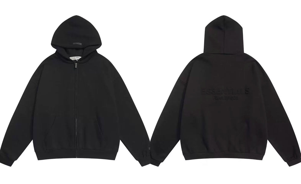 Fog Essentials Black Tonal Embossed Back Logo Zip‑Up Hoodie, Oversized Heavy‑Weight Street Jacket