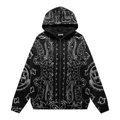 VALEFOREVER Black White Bandana Paisley Full Print Zip Hoodie
