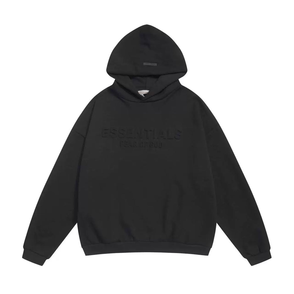 Fog Essentials Black Embossed Front Logo Hoodie, Baggy Heavy‑Weight Casual Hooded Sweatshirt