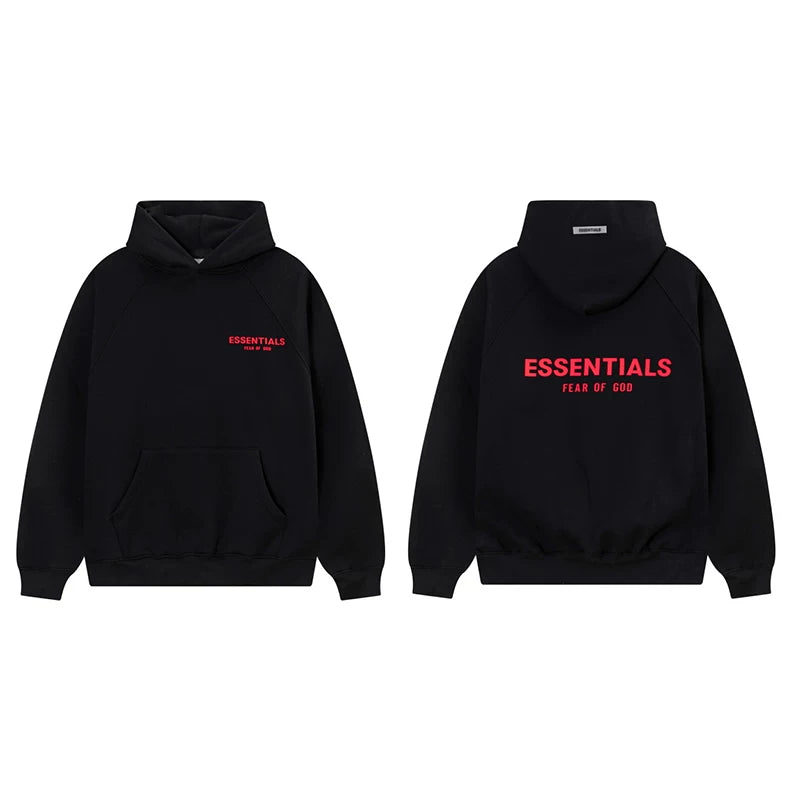 Fog Essentials Black Fleece‑Lined Oversized Pullover Hoodie Bright Red Chest Logo Print