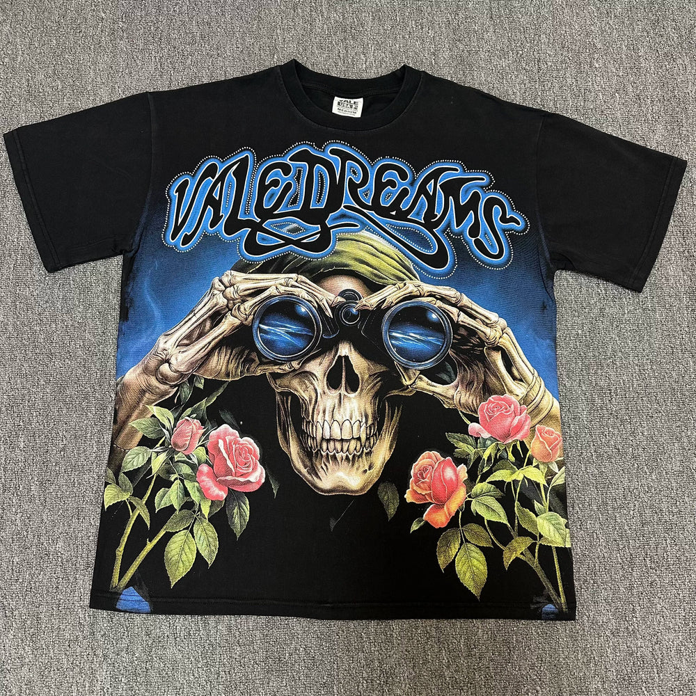 VALEFOREVER Black Skull Rose Binocular Vintage Graphic Short Sleeve T-Shirt