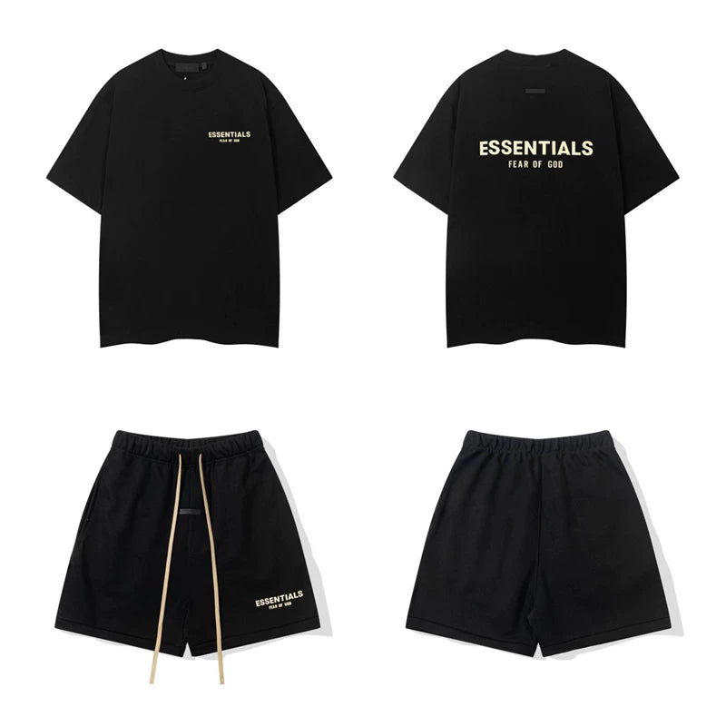 Fog Essentials Gold Letter Print 2‑Piece Outfit Oversized Tee & Drawstring Shorts Hip‑Hop Tracksuit
