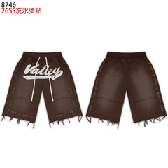 VALEFOREVER Brown Washed Rhinestone Shorts with Script Logo & Fringe Hem