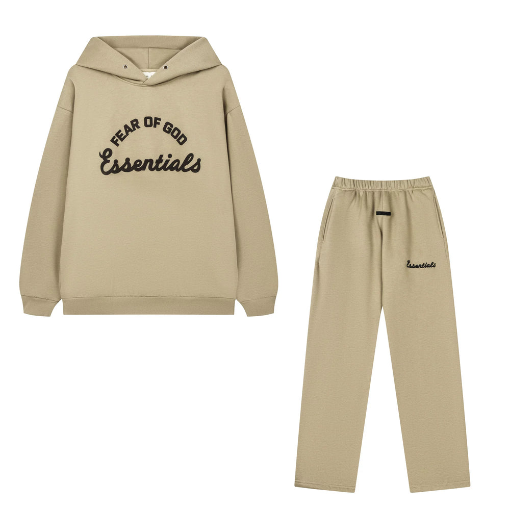Fog Essentials Neutral‑Tone Tan Loose‑Fit Hoodie Straight‑Cut Sweatpants Streetwear 2‑Piece Outfit