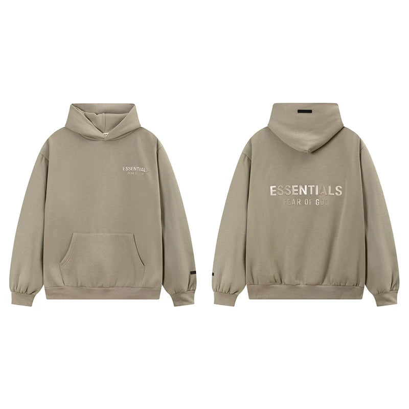 Fog Essentials Khaki Taupe Fleece‑Lined Oversized Pullover Hoodie Chest Logo Print