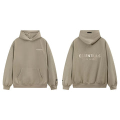 Fog Essentials Khaki Taupe Fleece‑Lined Oversized Pullover Hoodie Chest Logo Print