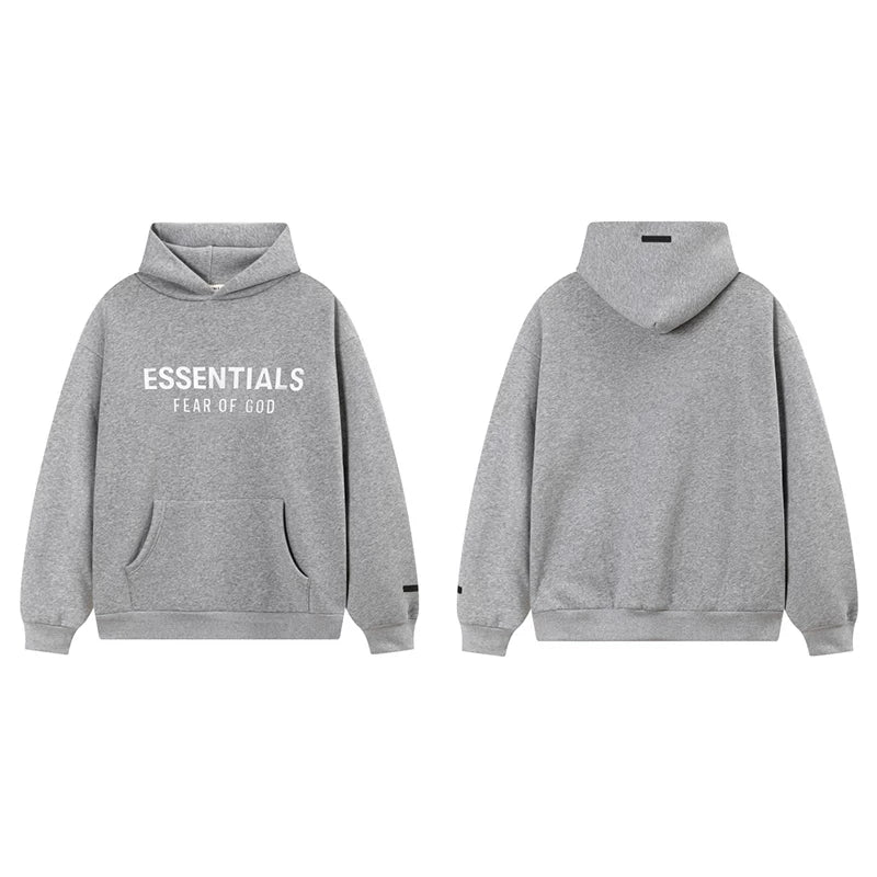 Fog Essentials Heather Grey Fleece‑Lined Oversized Pullover Hoodie White & Red Chest Logo