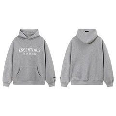 Fog Essentials Heather Grey Fleece‑Lined Oversized Pullover Hoodie White & Red Chest Logo
