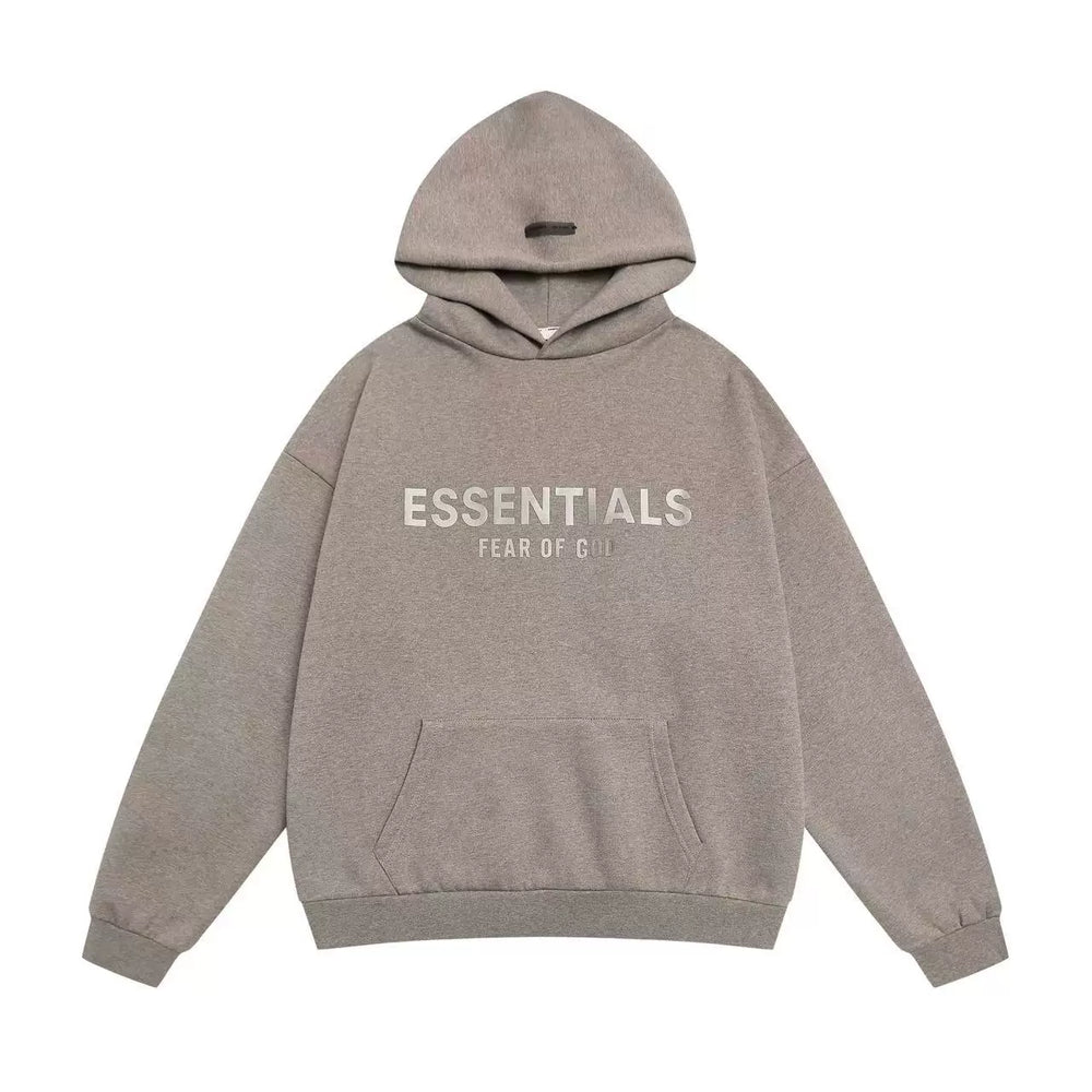 Fog Essentials Dark Taupe Front Metallic‑Print Hoodie, Oversized Drop‑Shoulder Streetwear Pullover