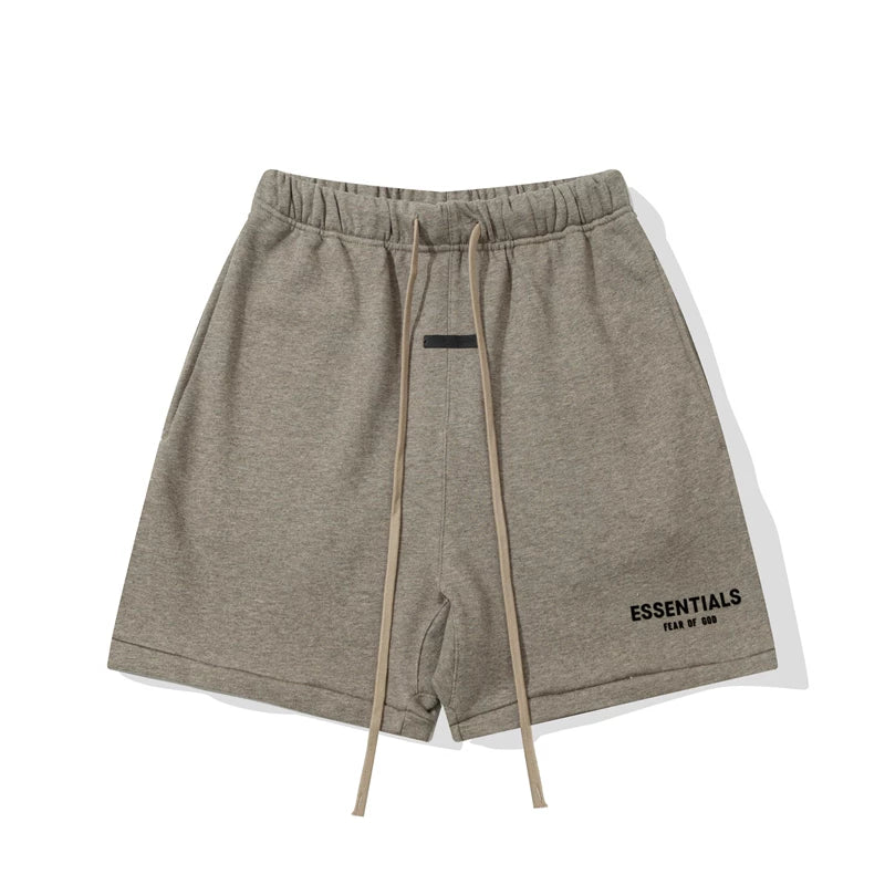 Fog Essentials Taupe Brown Elastic Waist Long Drawstring Black Logo Print Summer Street‑Wear Shorts