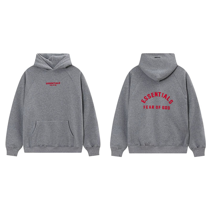 Fog Essentials Heather Grey Fleece‑Lined Oversized Pullover Hoodie Arch Red Print Logo