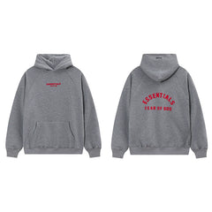 Fog Essentials Heather Grey Fleece‑Lined Oversized Pullover Hoodie Arch Red Print Logo