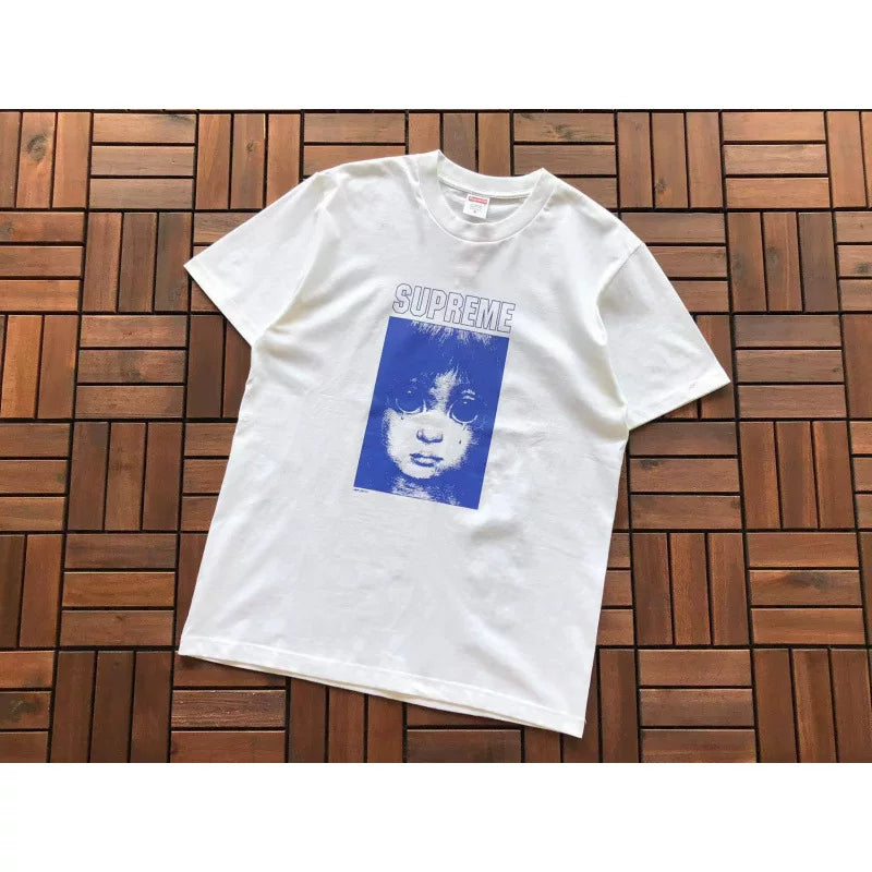 Superme White Blue Portrait Graphic Short‑Sleeve T‑Shirt Street‑Wear Tee