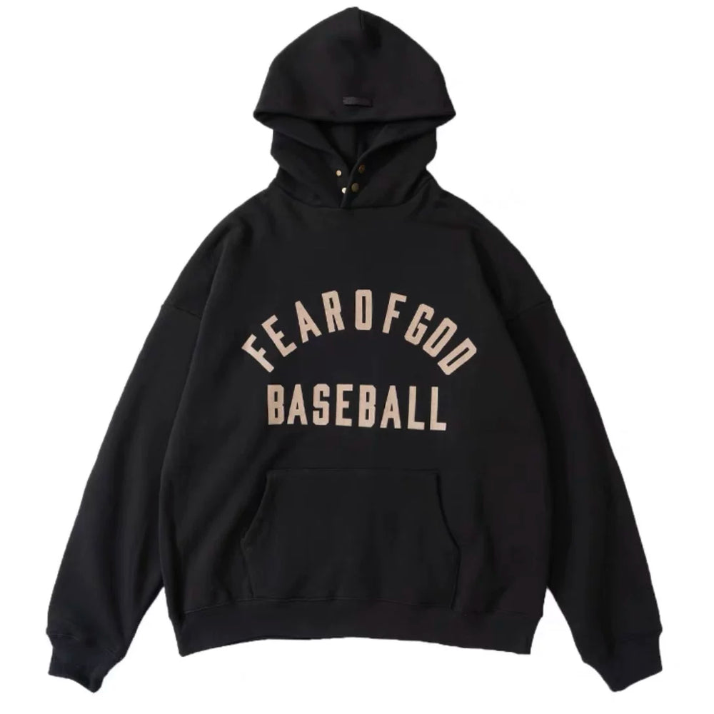 Fog Essentials Black Oversized Hoodie “FEAR OF GOD BASEBALL” Chest Graphic