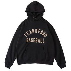 Fog Essentials Black Oversized Hoodie “FEAR OF GOD BASEBALL” Chest Graphic