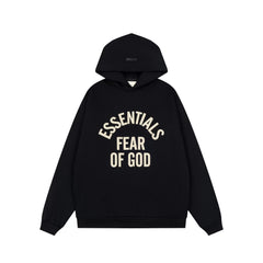 Fog Essentials Black Oversized Hoodie Contrast Cream‑Color Arch‑Logo Pullover Top