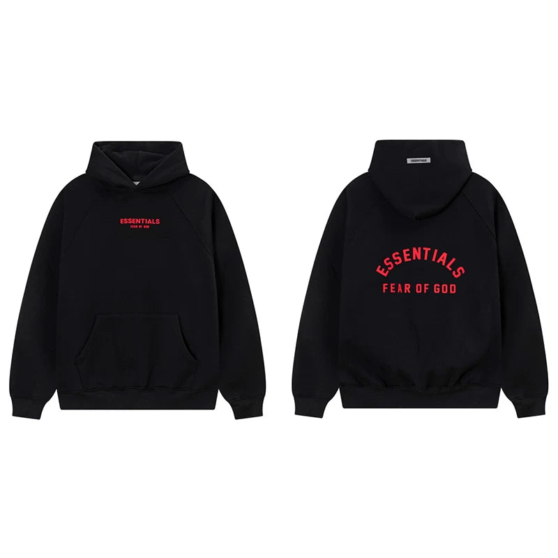 Fog Essentials Black Fleece‑Lined Oversized Pullover Hoodie Arch Red Logo
