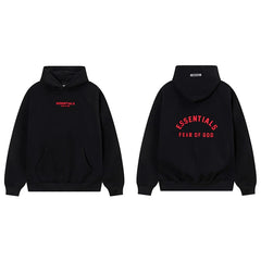 Fog Essentials Black Fleece‑Lined Oversized Pullover Hoodie Arch Red Logo