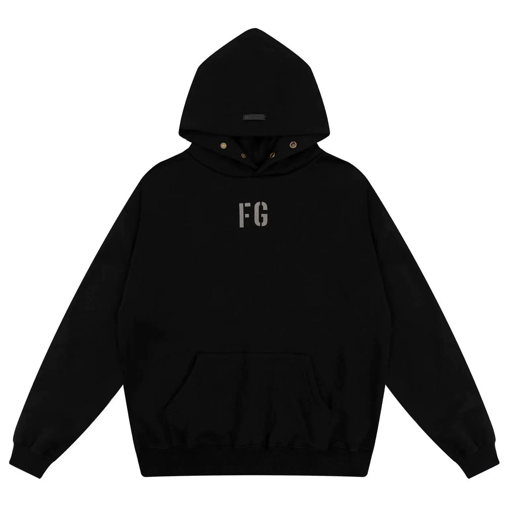 Fog Essentials Black Minimal FG Chest Logo Loose‑Fit Pullover Hoodie