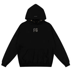 Fog Essentials Black Minimal FG Chest Logo Loose‑Fit Pullover Hoodie