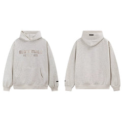 Fog Essentials Oatmeal Cream Fleece‑Lined Oversized Pullover Hoodie Metallic Chest Logo