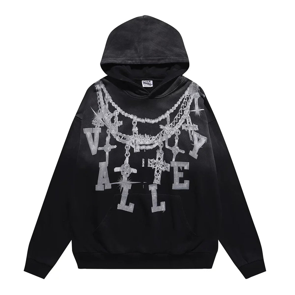 VALEFOREVER Black Chain Letter Distressed Zip Up Hoodie