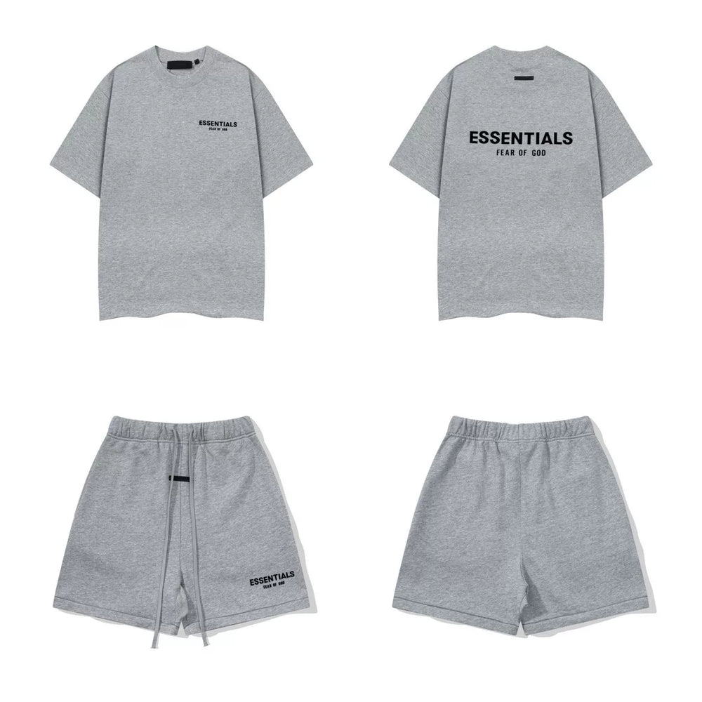Fog Essentials Grey Printed T‑Shirt + Sweat Shorts Two‑Piece Casual Oversized Streetwear Set