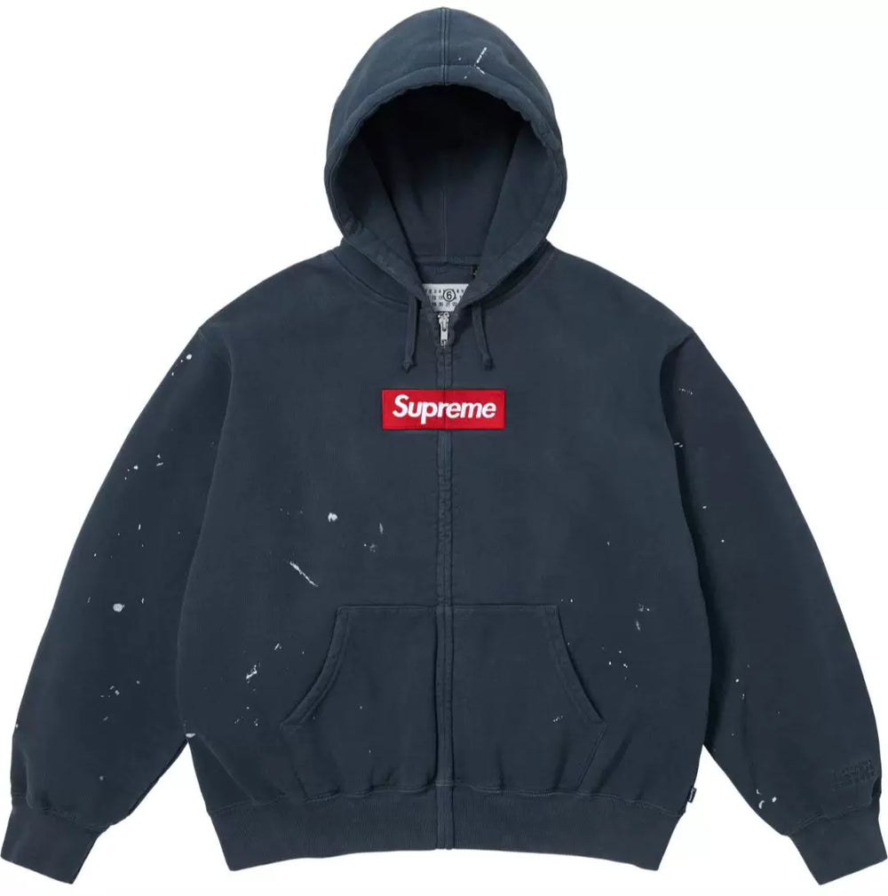 Supreme Navy Blue Box‑Logo Zip Jacket Paint Splatter Full‑Zip Hooded Street Top