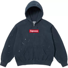 Supreme Navy Blue Box‑Logo Zip Jacket Paint Splatter Full‑Zip Hooded Street Top