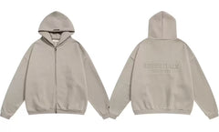 Fog Essentials Light Taupe Debossed Letter Back Zip‑Up Hoodie, Relaxed‑Fit Neutral Outerwear
